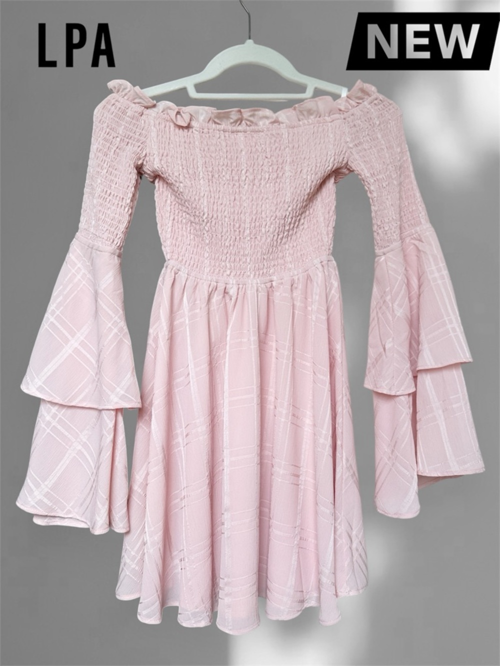 Revolve LPA Smocked Mini Dress in Blush Pink Bell Sleeves Plaid Print Size XS